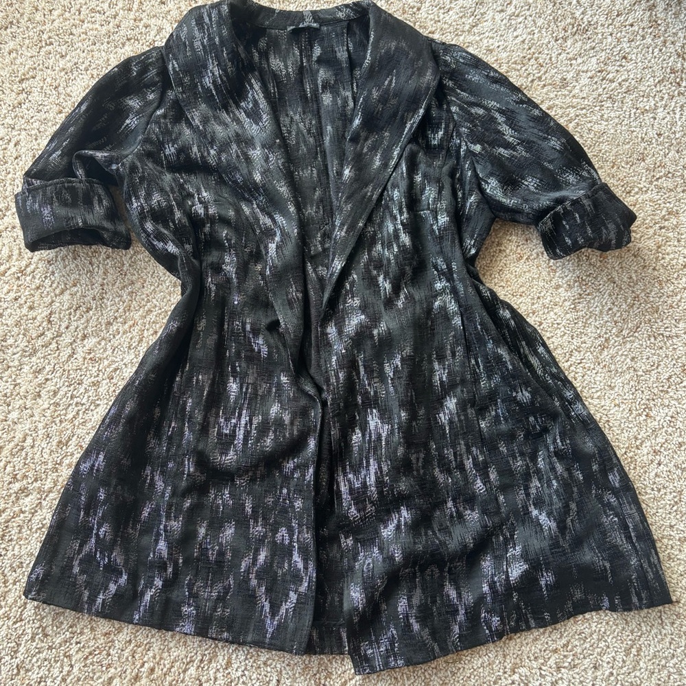 Eileen Fisher Blurred Ikat Embers Jacquard Coat Black and Silver